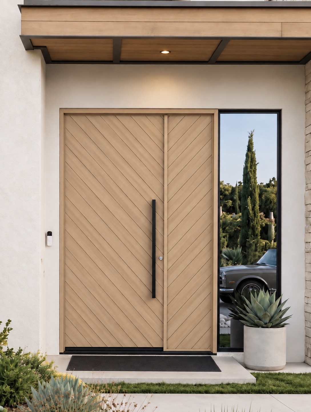 Desert Oak entry door configured in Desert Oak · Maple WPC