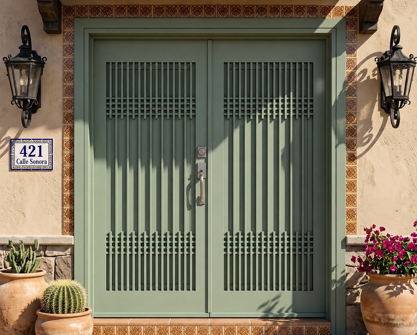 Palo Verde entry door configured in Palo Verde · Green Onyx steel
